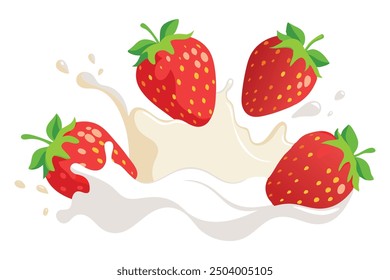 Fresas frescas y leche salpicando Ilustración vectorial plana sobre fondo blanco