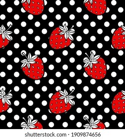 Fresh strawberries on the black background.  Wallpaper with white polka dot. Hand drawn vector stock illustration. Seamless pattern for your design
