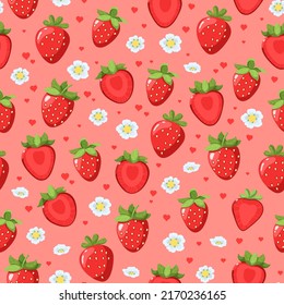 Fresh strawberries on a pink background. Seamless colorful pattern with flowers, strawberries and hearts. Summer harvest vector illustration.