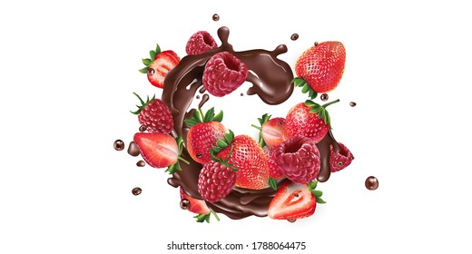 Fresh strawberries and raspberries and splashes of liquid chocolate.