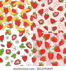 Fresh strawberries, seamless texture. Collection. Red berry, minimalist style. Healthy eating, hand-drawn. Set.