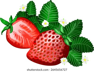 Fresh strawberries surrounded by green leaves and delicate white flowers. Ideal for food, botanical, or seasonal content