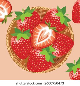Fresh Strawberries in a Woven Basket Ready for Harvest.