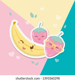 fresh strawberry and banana fruits kawaii characters