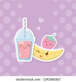 fresh strawberry and banana sorbet with straw kawaii characters