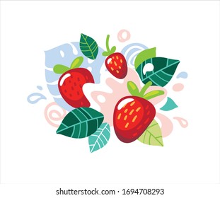 Fresh strawberry berries with juice splash. Organic food strawberries with abstract vector leaves and swirls illustration.