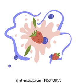 Fresh strawberry with blueberry splash illustration in vector