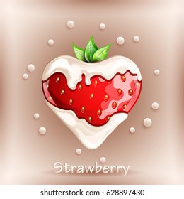 Fresh strawberry in cream on colorful background. Vector illustration.