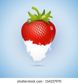 Fresh Strawberry Dipped In Ice Cream, Milk Isolated on Blue Background