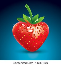 Fresh strawberry with drops on a blue background. Vector illustration.