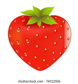 Fresh Strawberry In Form Of Heart, Vector Illustration