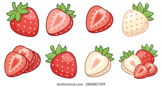 Fresh strawberry fruit collection set showing whole halved sliced and white strawberries in various angles detailed realistic illustration isolated on white background vector design
