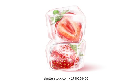 Fresh strawberry fruit set with ice cube isolated element in the middle on white background. Realistic vector in 3D illustration.
