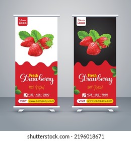 Fresh strawberry fruit vector rollup banner design black, white background with dark pink 