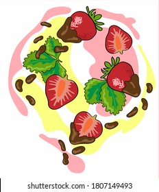 Fresh strawberry  in 
hot chocolate. Fruits juice splash organic food. Vector hand drawn illustrations. Juicy splatter strawberries on abstract background. 