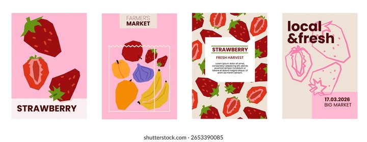 Fresh strawberry illustration. Simple posters with berries for farmers market advertising. Vector templates with copyspace. Set of harvested sweet vegetables in minimal hand drawn and flat style. 