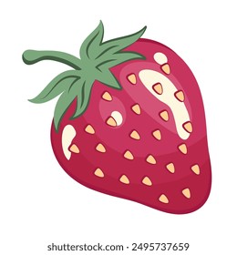 Fresh strawberry isolated. Fruit sticker. Strawberry top view. Whole Juicy berry close up. Strawberry drawing fruit design. Organic food. Vector flat illustration