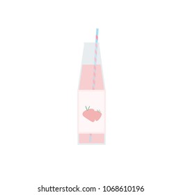 Fresh strawberry juice in a bottle with straw flat vector illustration isolated on a white background.