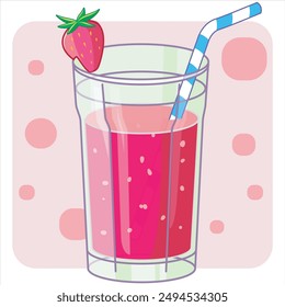 fresh strawberry juice with sliced ​​strawberries and a straw. vector flat illustration cartoon food and drink isolation