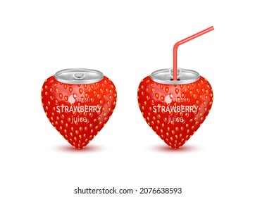 Zumo de fresa fresco, refresco con lata de aluminio y paja. Aislado sobre un fondo blanco. Concepto de bebida de fruta saludable. Ilustración de EPS10 vector 3D realista.