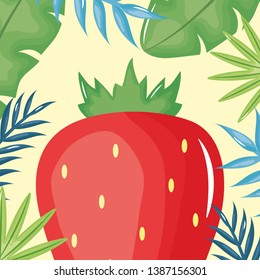 fresh strawberry with leafs palms frame