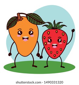 fresh strawberry and mango kawaii characters