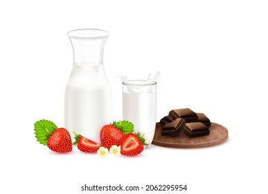 Fresh strawberry milk, chocolate with milk yogurt glass splashing and bottle mockup. Isolated on white background. Exercises and eat healthy food. Health concept. Realistic 3d vector illustration.