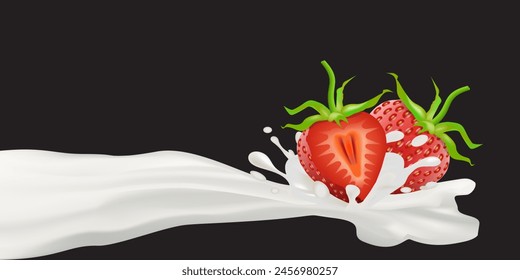 Fresh Strawberry Milk Design Isolated on black background. Vector illustration EPS 10.