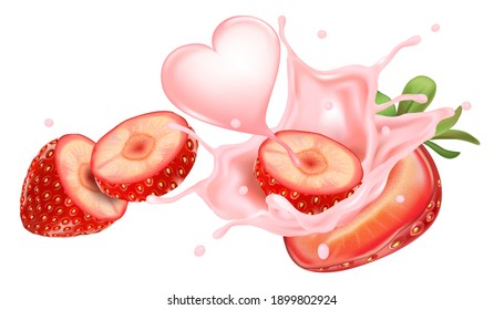 Fresh strawberry with milky heart shape splashing isolated element in the middle on white background. Realistic vector in 3D illustration.