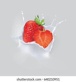 Fresh strawberry on the milk splash,vector illustration
