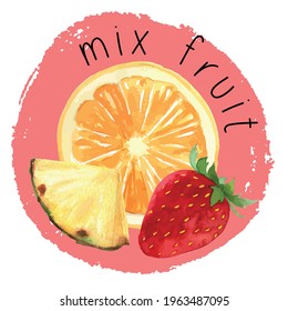 fresh Strawberry Orange and Pineapple hand drawn vector illustration watercolor style . Sketch drawing isolated on red background. Organic vegetarian object for menu, label, recipe, product packaging