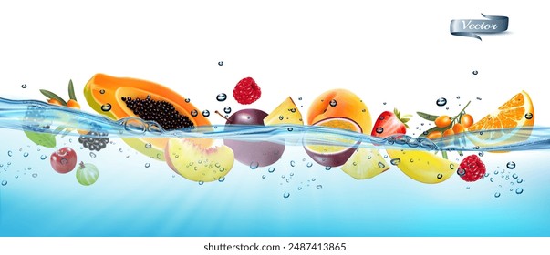 Fresh strawberry, peach, raspberry, blackberry, cherry , papaya in transparent water. Vector illustration