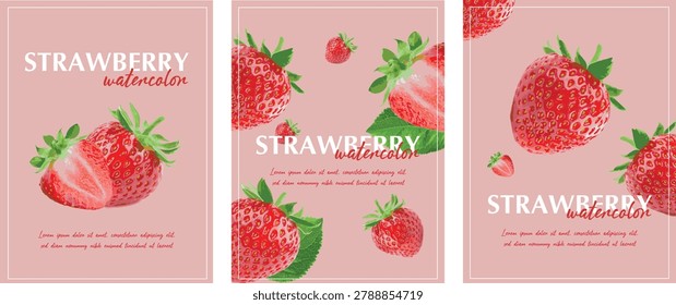 Fresh strawberry poster set featuring soft pink backgrounds, detailed fruit illustrations, clean typography, and minimal summer-inspired layouts. Perfect for kitchen wall art, cafe decor, fruit posters, juice branding, dessert shop graphics, packaging design, and printable food illustration collections.