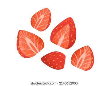 Fresh strawberry slices. Cute red berries pieces, halves. Sweet garden fruit with seeds. Healthy natural vitamin dessert food. Flat vector illustration isolated on white background