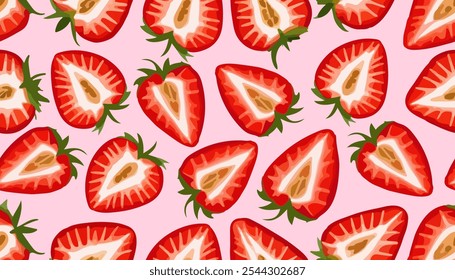 Fresh strawberry slices seamless pattern. Trendy pattern of sweet berries for wrapping paper, wallpaper, stickers, notebook cover.