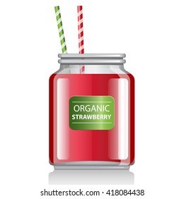 Fresh strawberry Smoothie, Cocktail or Juice. Healthy Food. Vector Illustration. Glass Jar with label and two funky straws.