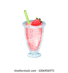 Fresh strawberry smoothie, healthy food for breakfast in glass cartoon vector Illustration
