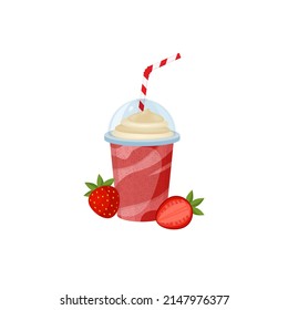 Fresh strawberry smoothies or milk shake in plastic cup with cocktail tube on white background. Mug of fruity organic shake. Fruit cocktail. Vegetarian Healthy food. Vector illustration.