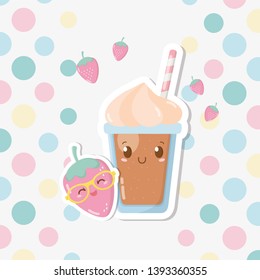 fresh strawberry sorbet with straw kawaii character