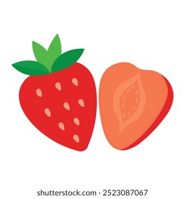 Fresh Strawberry Vector Illustration - Whole and Half-Cut Strawberries on White Background.