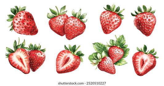 Fresh Strawberry Watercolor Fruit Hand Painted. Summer Red Berry, White Background. Vector Illustration