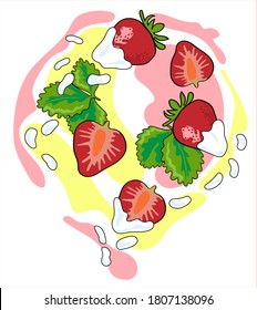 Fresh strawberry  in whipped cream. Fruits juice splash organic food. Vector hand drawn illustrations. Juicy splatter strawberries on abstract background. 