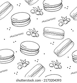 Fresh stuffed macaroons puff pastries on a white background black and white seamless pattern