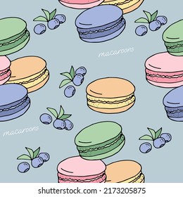 Fresh stuffed macaroons puff pastries seamless pattern and blueberry sprigs seamless pattern