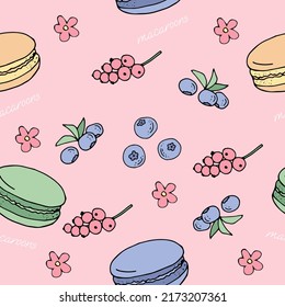 Bollería recién rellena de macarons, escarabajos de arándano, grosellas rojas y flores sin soldadura