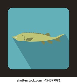 Fresh sturgeon fish icon in flat style on a baby blue background