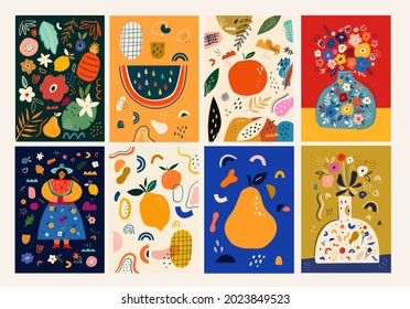 Fresh stylish posters with fruits, flowers, abstract elements and doodles