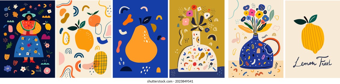 Fresh stylish posters with fruits, flowers, abstract elements and doodles