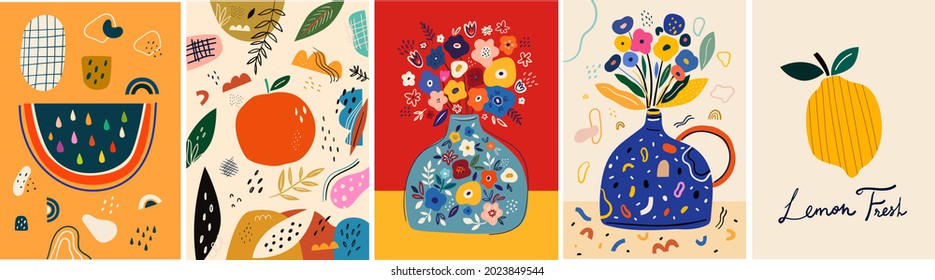 Fresh stylish posters with fruits, flowers, abstract elements and doodles