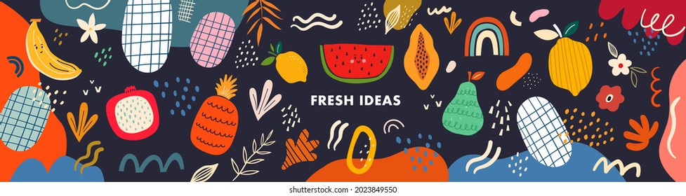 Fresh stylish template with abstract elements, doodles and fruits.